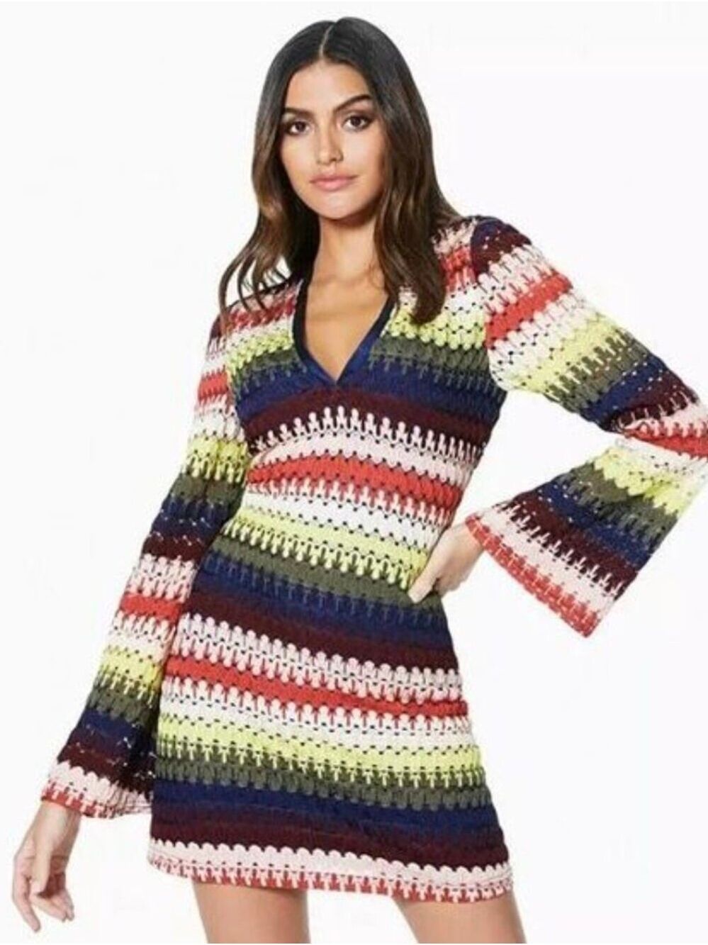 Ramy Brook Multicolor Striped Crochet V-Neck Mini Dress